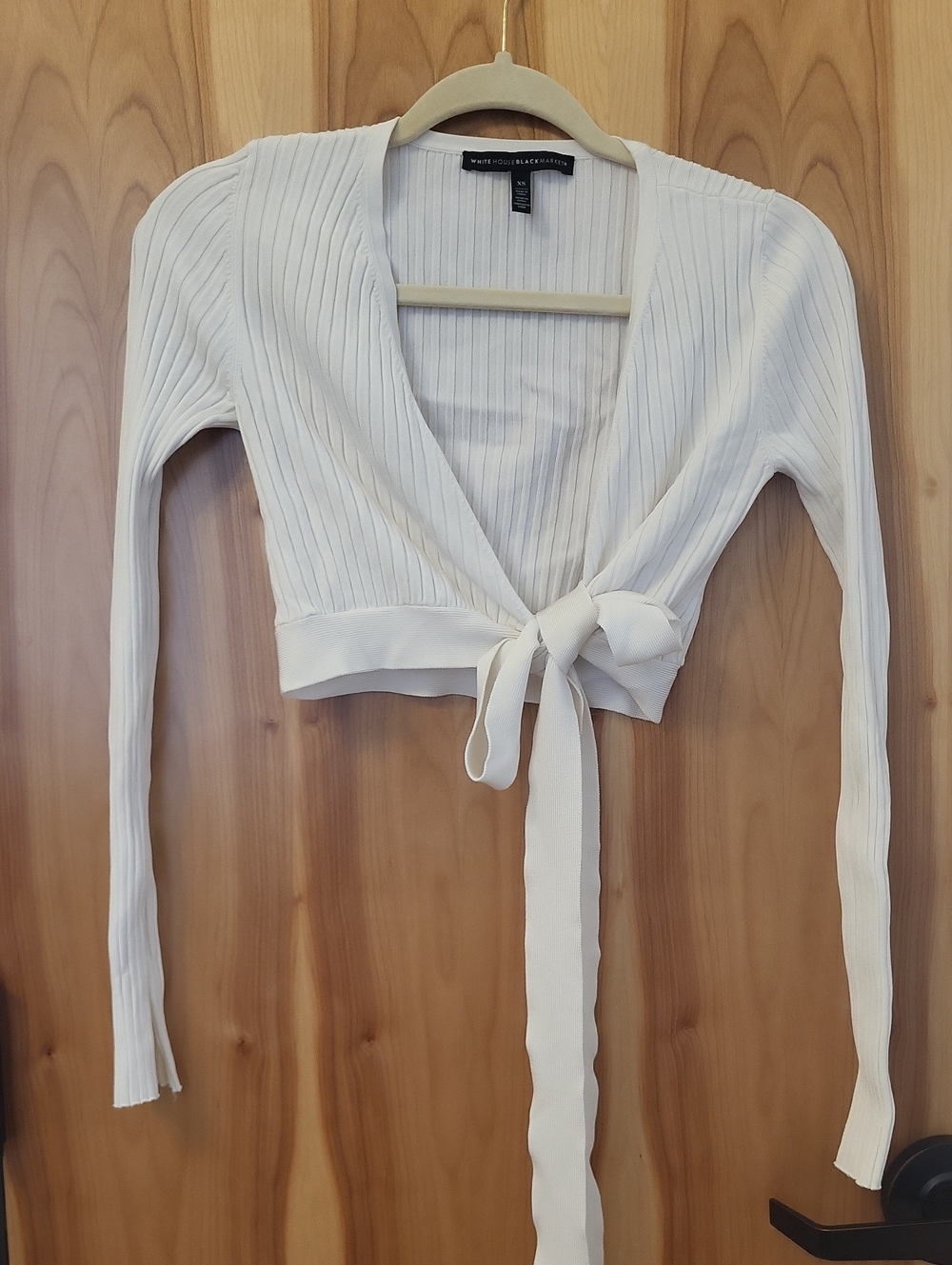 White House Black Market White Ribbed Wrap Tie-Front Crop Top